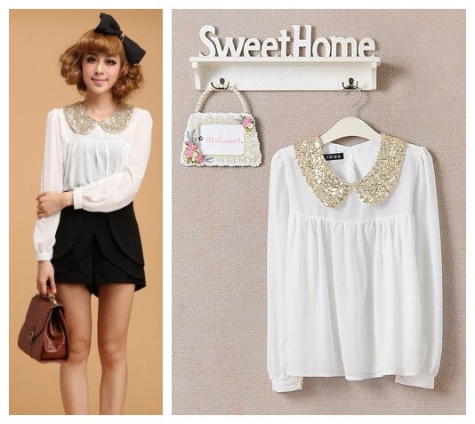 Free shipping, Korean style 2012 Autumn sweet cute long-sleeve women chiffon loose shirt /blouses, white color, M, L sizes