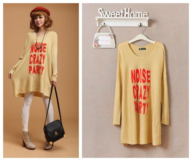 Free shipping Korean style 2012 autumn women's batwing type letter loose design knitted sweater yellow F size
