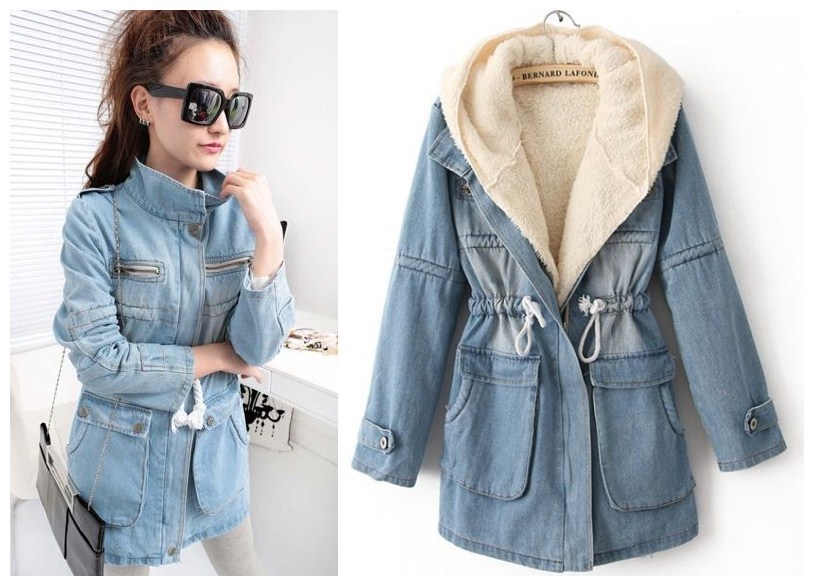 Free Shipping Korean Style 2012  Berber fleece water wash denim twinset with a hood female outerwear F size