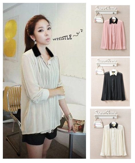 Free shipping Korean style 2012 elegant block turn-down collar long-sleeve pleated chiffon shirt 3 colors F size