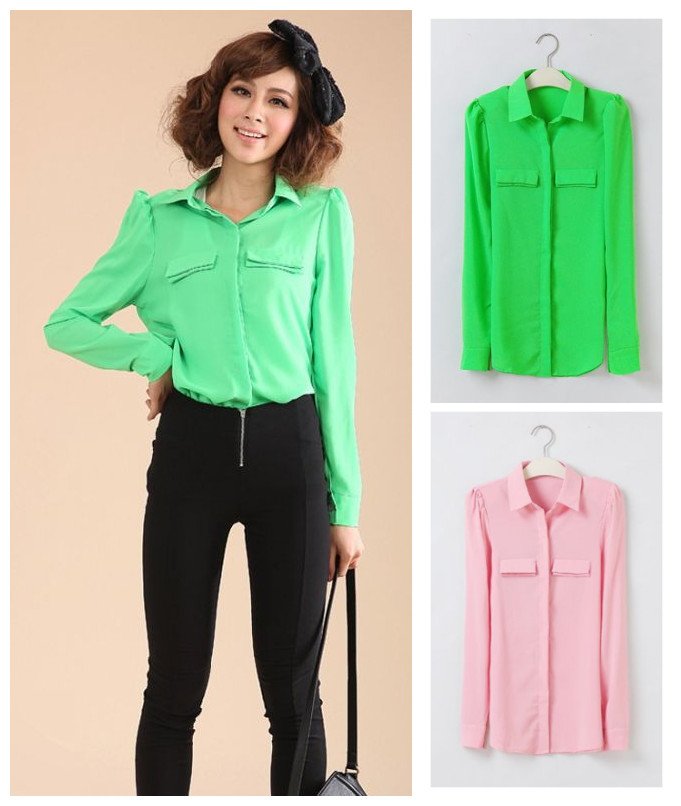 Free shipping, Korean style 2012 OL candy color turn-down collar long-sleeve women slim shirt/blouses, 2 color, S,M, L, XL sizes