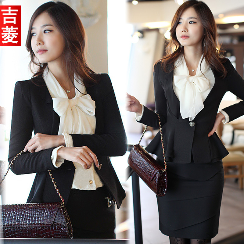 Free shipping Korean style 2012 ol professional women's skirt set  fashion work wear gentlewomen blazer black color S~XXL sizes