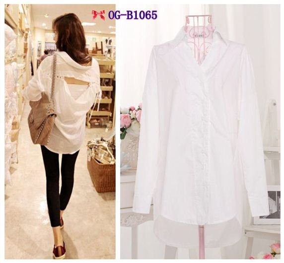 Free shipping, Korean style 2012 Popular back hollow out butterfly lacing solid Women cotton Blouses, white color  Free size