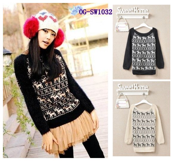 Free shipping, Korean Style, 2012 popular christmas cloting moose snowflake women pullovers sweater, black2 colors F size