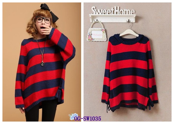 Free shipping, Korean Style , 2012 popular colorful stripe patchwork loose  women pullovers sweater/knitwear 1color F /plus size