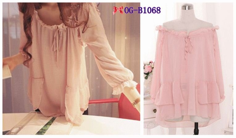 Free shipping, Korean style 2012 Popular solid  ruffles big O-neck Women chiffon black/ white/pink Blouses, 3 color  F size