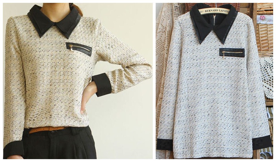 Free Shipping Korean Style 2012 women patchwork peter pan collar cotton blends shirt  2 colours  M,L size