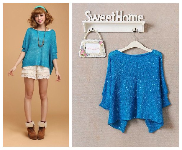 Free shipping Korean style 2012 women's autumn all-match paillette three quarter sleeve loose knitted sweater blue F size