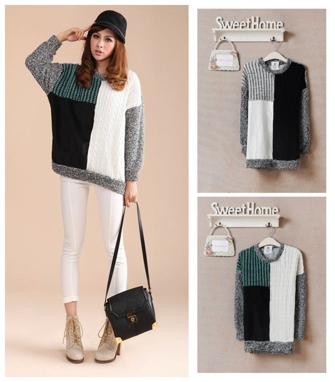 Free shipping Korean style 2012 women's autumn and winter block decoration straight long-sleeve o-neck sweater 2 colors F