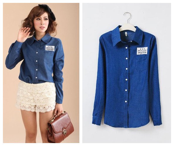 Free shipping Korean style 2012 women's autumn elegant long-sleeve loose denim shirt blue F size
