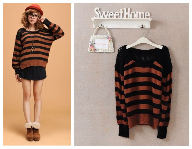 Free shipping Korean style 2012 women's autumn fashion sweet patchwork stripe lantern sweater camel color F size