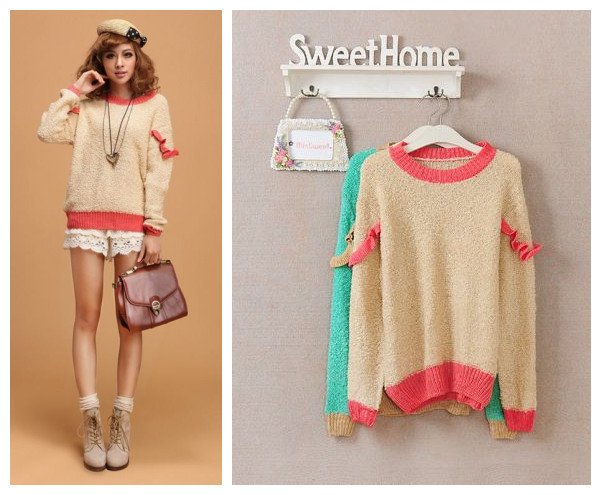 Free shipping Korean style 2012 women's autumn hot-selling ruffle long-sleeve knitted sweater 2 colors F size