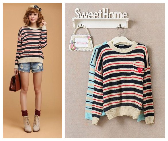 Free shipping Korean style 2012 women's autumn stripe all-match sweet pocket o-neck sweater 2 colors F size