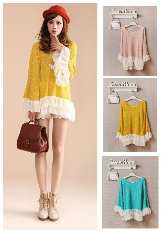 Free shipping Korean style 2012 women's autumn sweet flare sleeve ruffle dot all-match sweater 3 colors F size