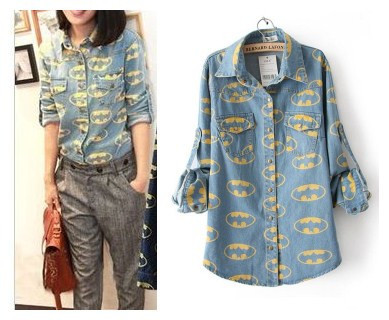 Free shipping Korean style 2012 women's cartoon figure water washed denim shirt dark/light blue free size