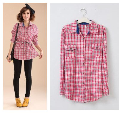 Free shipping Korean style 2012 women's plaid oblique buckle long-sleeve breasted casual shirt red F size