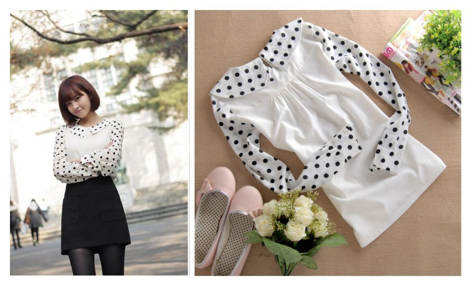 Free shipping,Korean style 2012 women's sweet chiffon shirt polka dot peter pan collar long-sleeve shirt,white color,S M sizes