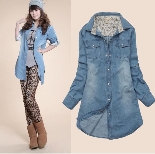 Free shipping Korean style 2013 women's washed cotton long-sleeve denim shirt cat-eye buckle medium-long casual shirt S M L XL