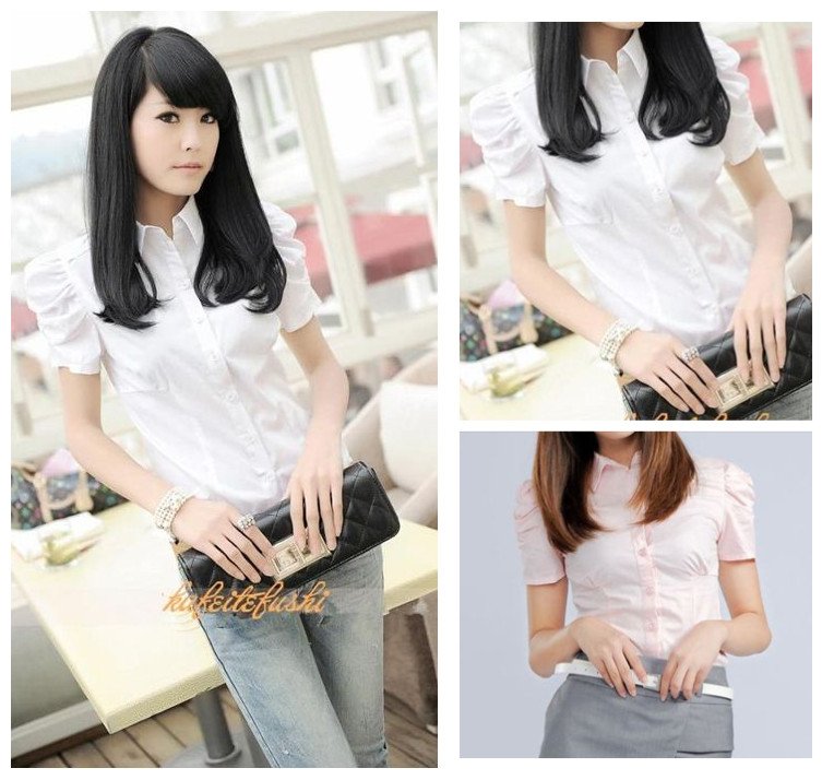 Free shipping Korean style summer shirt ol work wear puff short-sleeve female shirt 2 colors S, M, L, XL, XXL size