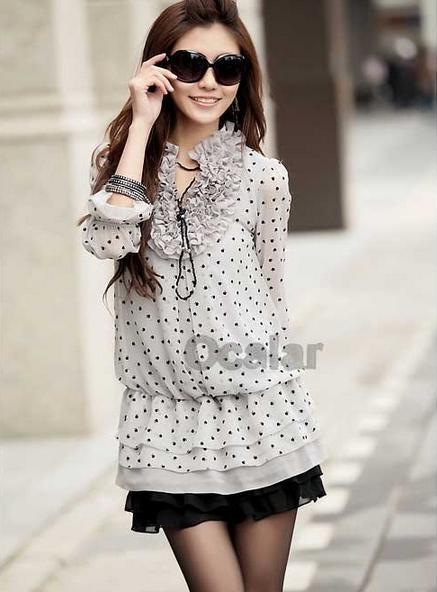 Free Shipping Korean Style Sweet Lady Wave Point Chiffon Waisted Three Quarter Sleeve Princess Dress Skirt Tops Blouse E0260