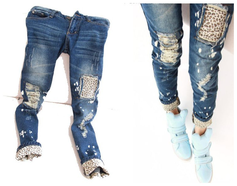 Free Shipping Korean style Women Leopard denim pants fashion Skinny Jeans Jeggings Casual Pencil jeansTrousers/pants white hole