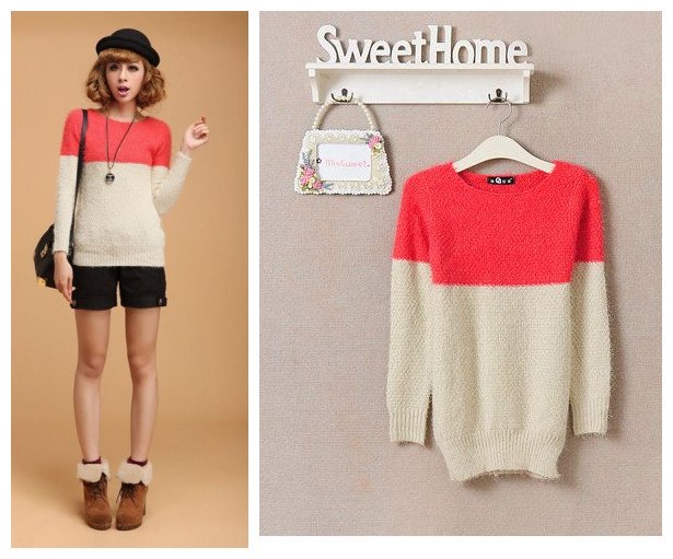 Free shipping Korean style Women's 2012 sweet all-match color block decoration slim sweater picture color F size