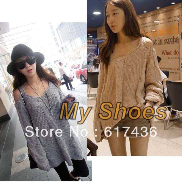 free shipping Korean Style Women's Sexy Hemp Flower Open Off Shoulder Crochet Loose Knitwear Knitted Sweater 3 colors  7797