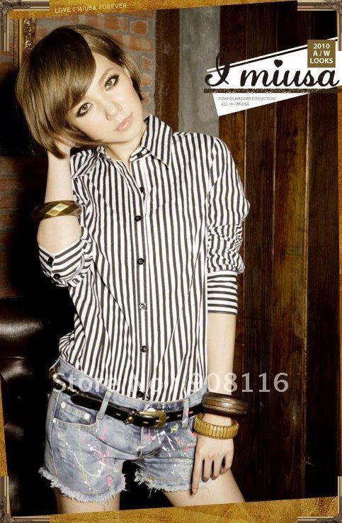 Free shipping Korean Stylish womens fashion Long-sleeved Striped Casual shirts Cotton dress shirts  top blouse wholesale X137