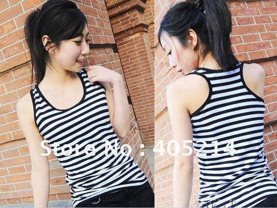 Free shipping - Korean version cotton material black and white stripe tank top / middle style primer shirt / intimates vest