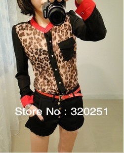 free shipping  Korean version of the red collar the shoulder pads chiffon leopard Ms. long-sleeved shirt a614 of