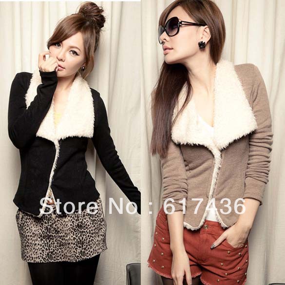 Free shipping Korean Women 2012 new winter women lady fashion hairy lapel long-sleeved outerwear jacket coat black,khaki W21659