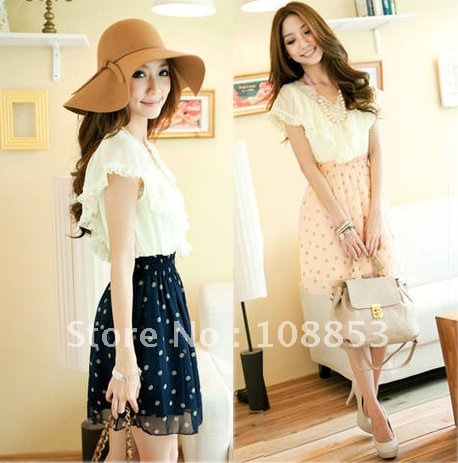Free Shipping Korean Women Ladies Summer Fashion Short Sleeve Small V-Neck Lace Blouse Dots Polka Waist Mini Chiffon Dress Top