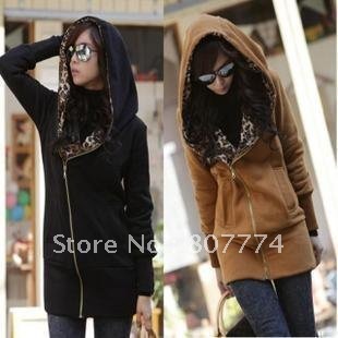 Free Shipping Korean Women's leopard Hooded Cotton Jacket Wild Thick Warm Coat Cotton (Gray/camel/black) 1pc/lot Drop Shipping