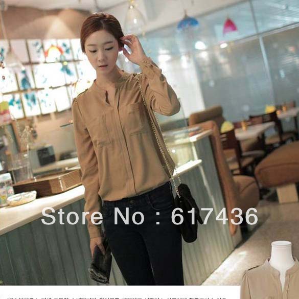 Free shipping Korean2013 spring new fashion women's ladies OL long-sleeved shirt blouse blue,khaki W21720
