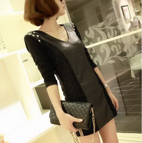 Free Shipping Ktv slim female leather rivet basic shirt long-sleeve clothing short skirt