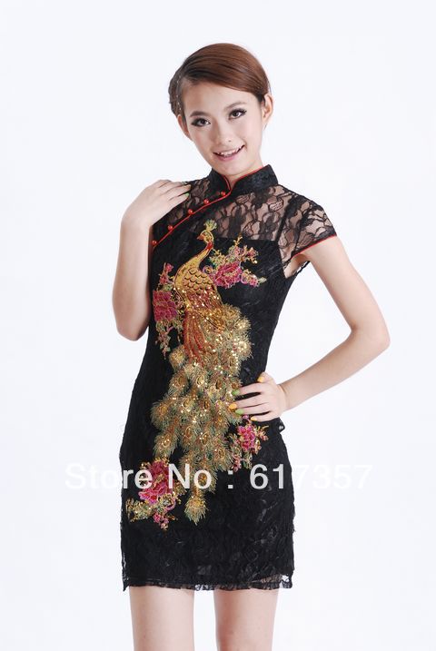 free shipping lace black chinese Cheongsam women's  dress S-3XL