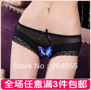 Free shipping! Lace black low-waist full transparent panties gauze female sexy small pants seamless 100% cotton shorts