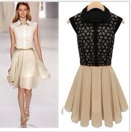 Free shipping Lace chiffon dress summer new women's lapel the sleeveless cut flowers stitching dress off shoulder