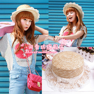 Free Shipping Lace decoration fedoras bow women's sunbonnet straw hat sun hat