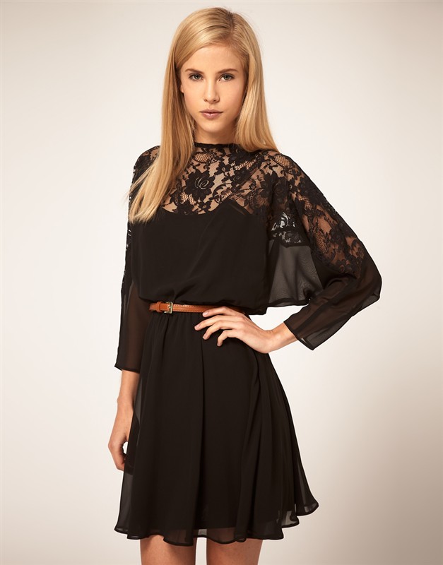 free shipping  lace decoration one-piece women dress with belt  Black Sex Women Ladies Mini Slim Lace Dress Clubwear 3/4 Sleeve