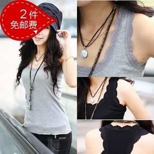 Free Shipping Lace decoration tank spring and summer women's ultra long basic shirt spaghetti strap vest