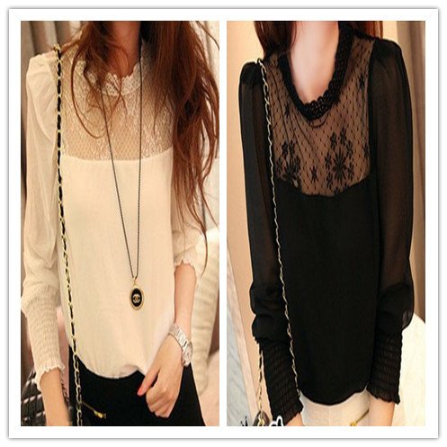 Free Shipping Lace Flowers Collar Long Sleeve Chiffon Blouse Black&White Women Casual Blouses