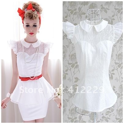 Free shipping lace patchwork peter pan collar solid casual women cute slim blouse shirt new fashion 2012