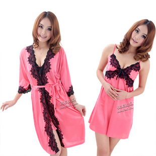 free shipping Lace spaghetti strap nightgown bathrobes sexy sleepwear twinset robe female summer silk sleepwear