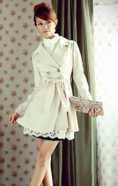 Free shipping Lace tiebelt single breasted medium-long trench dress outerwear  fashion coat