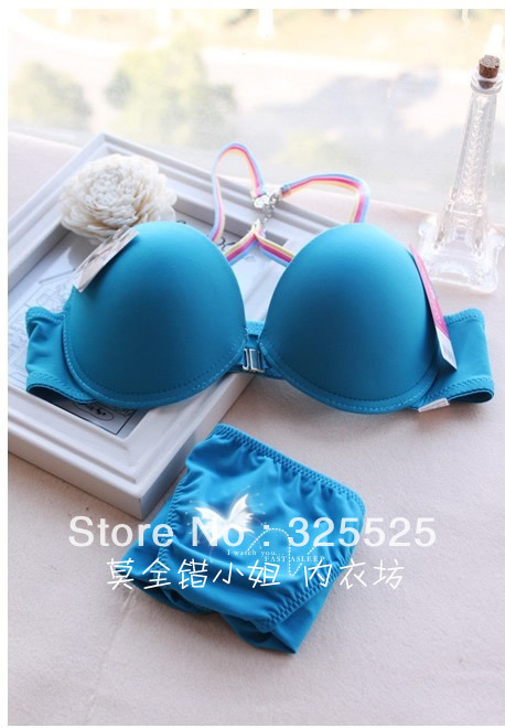 free shipping Lacing front button type hasp sexy glossy female thickening push up bra set underwear