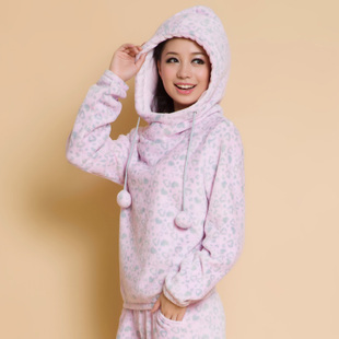 Free Shipping ! Ladides all  print CORAL FEECE sleep set lounge twinset hooded home wear