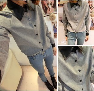 Free shipping ladies' Fashion black leather turn-down collar shirt