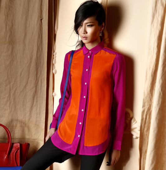 Free shipping,Ladies' fashion blouse printed shirt women's long sleeve spring autumn top turn-down collar patchwork shirt