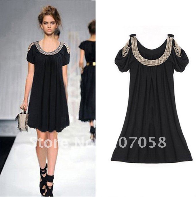 Free shipping ladies fashion dress with beads on shoulder plus size XL 2xl 3xl